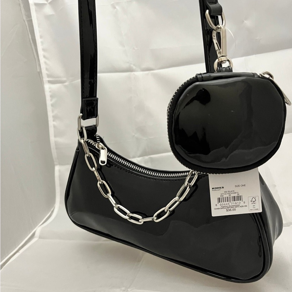 Black Patent Leather Shoulder Bag with Chain